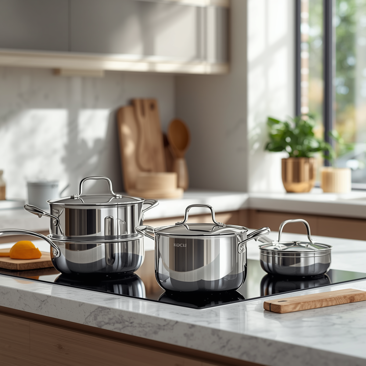 Set of stainless steel cookware on a kitchen counter with a modern kitchen background.