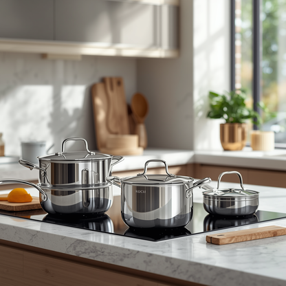Set of stainless steel cookware on a kitchen counter with a modern kitchen background.