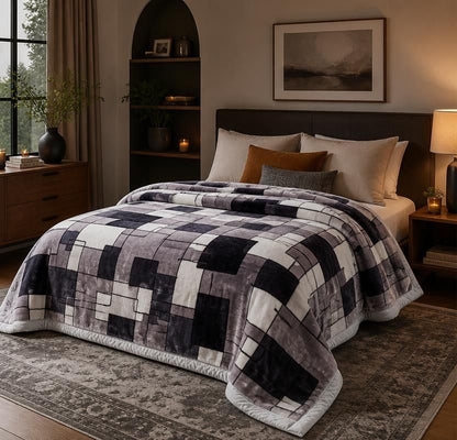 Korean Raschel 2-Ply Heavy Fleece Blanket, 78x90 Queen Size Reversible Geometric Plush Blanket styled on a dark, cozy bed; reversible geometric blanket in a gray and black pattern.