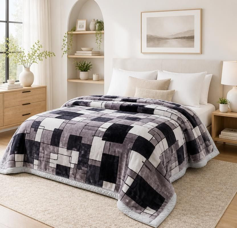 Korean Raschel 2-Ply Heavy Fleece Blanket, 78x90 Queen Size Reversible Geometric Plush Blanket shown on a modern bedroom bed; reversible geometric blanket in gray, black, and white.
