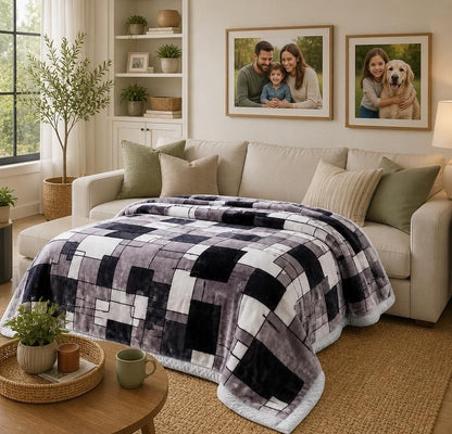Korean Raschel 2-Ply Heavy Fleece Blanket, 78x90 Queen Size Reversible Geometric Plush Blanket draped over a living room sofa; reversible geometric blanket for cozy home décor.