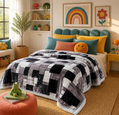 Korean Raschel 2-Ply Heavy Fleece Blanket, 78x90 Queen Size Reversible Geometric Plush Blanket styled in a colorful bedroom; reversible geometric blanket adds cozy modern texture.