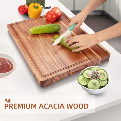 20x15/24x18 Acacia Wood Cutting Board with Deep Juice Groove, acacia wood cutting board shown with natural grain detail