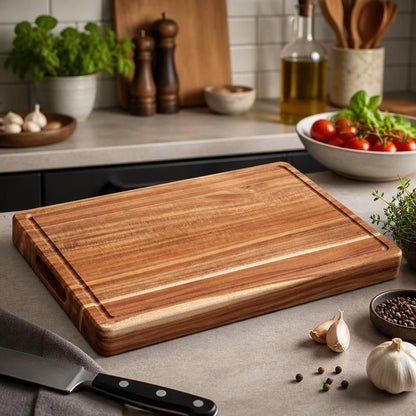 20x15/24x18 Acacia Wood Cutting Board with Deep Juice Groove, acacia wood cutting board in natural wood finish