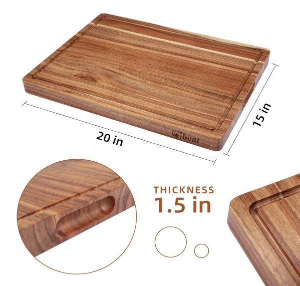 20x15/24x18 Acacia Wood Cutting Board with Deep Juice Groove, spacious rectangular acacia wood cutting board