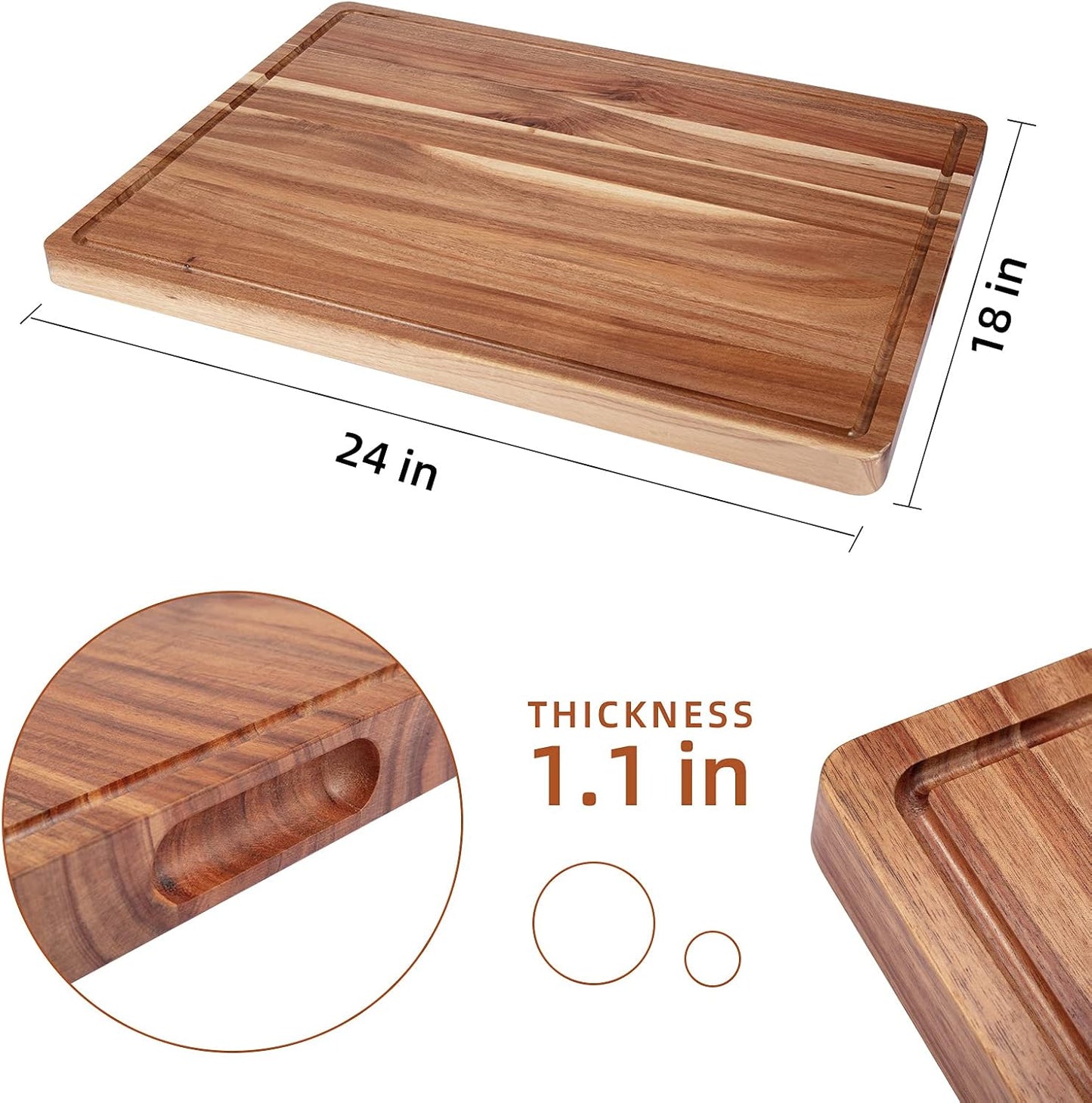20x15/24x18 Acacia Wood Cutting Board with Deep Juice Groove, hand-wash-only acacia wood cutting board for everyday cooking