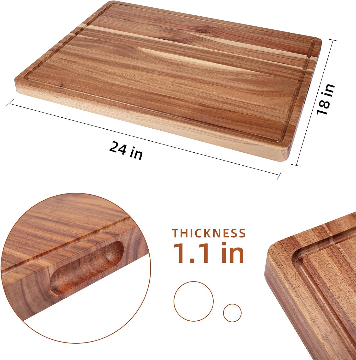 20x15/24x18 Acacia Wood Cutting Board with Deep Juice Groove, hand-wash-only acacia wood cutting board for everyday cooking