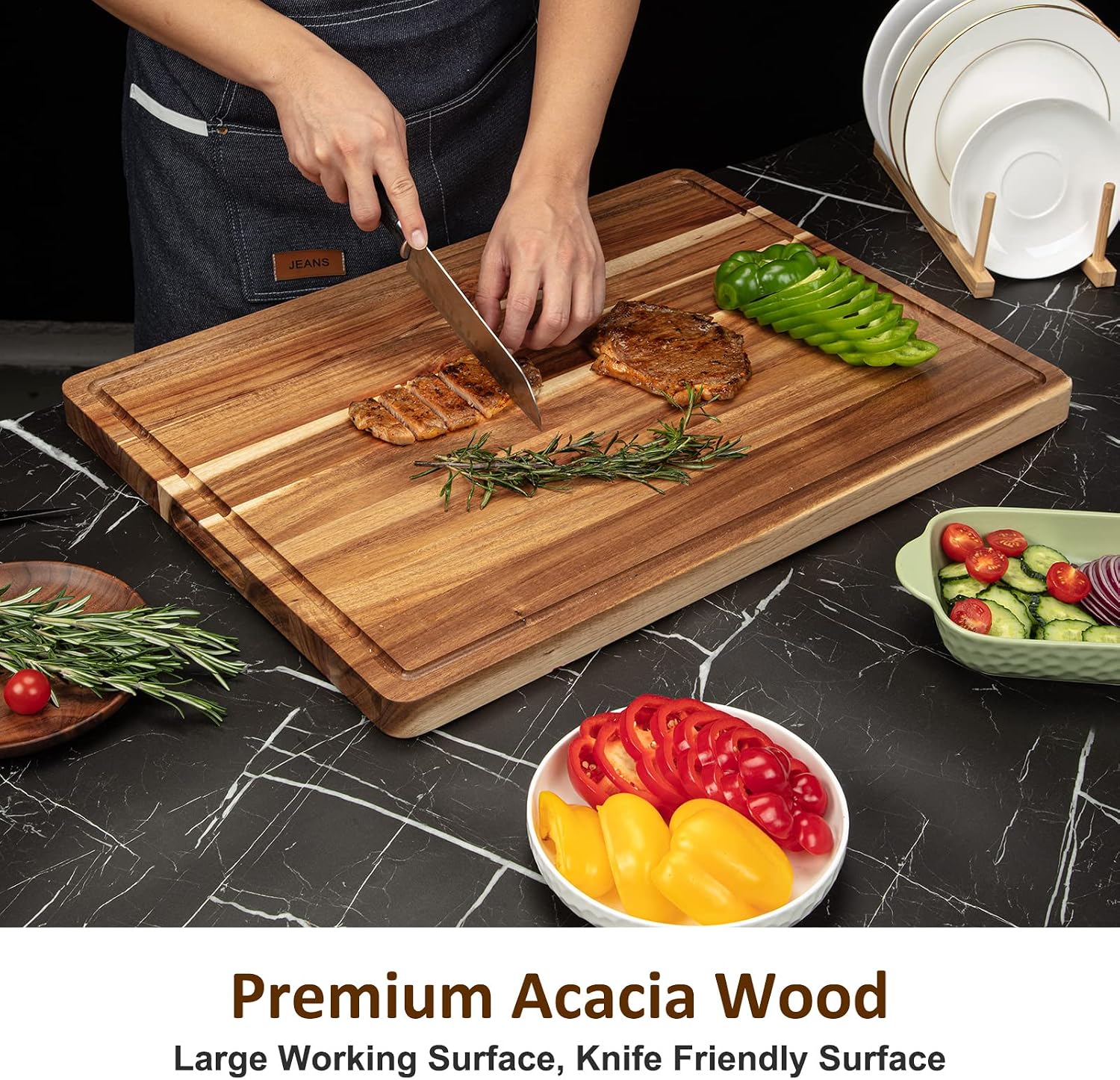 20x15/24x18 Acacia Wood Cutting Board with Deep Juice Groove, premium natural acacia wood cutting board for kitchen use