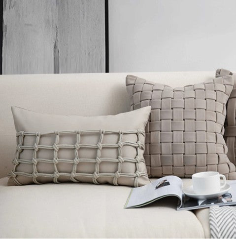 Tillbaka Faux Leather Throw Pillow Cover - Modern Minimalist Woven Hollow Design showing a modern lumbar faux leather pillow cover
