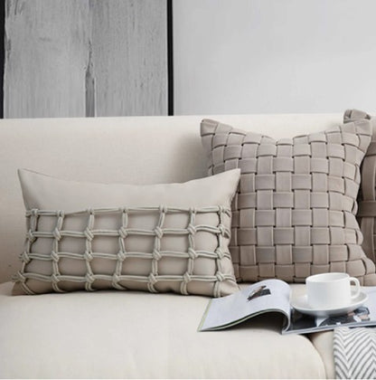 Tillbaka Faux Leather Throw Pillow Cover - Modern Minimalist Woven Hollow Design showing a modern lumbar faux leather pillow cover