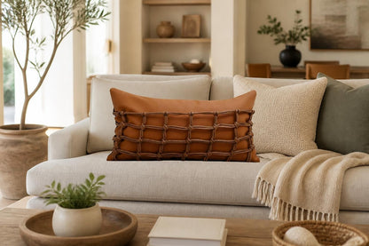 Tillbaka Faux Leather Throw Pillow Cover - Modern Minimalist Woven Hollow Design, black faux leather pillow cover with geometric woven texture
