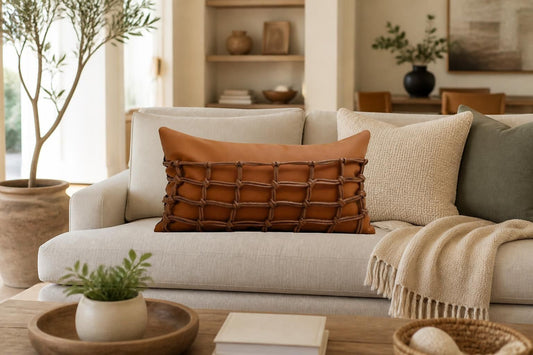 Tillbaka Faux Leather Throw Pillow Cover - Modern Minimalist Woven Hollow Design, black faux leather pillow cover with geometric woven texture