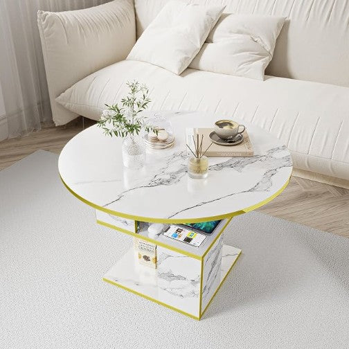 30” Round Marble White Coffee Table in a modern living room setup, accentuating its luxurious design and practical storage features.