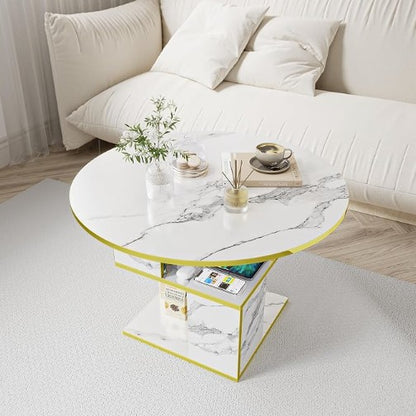 30” Round Marble White Coffee Table in a modern living room setup, accentuating its luxurious design and practical storage features.