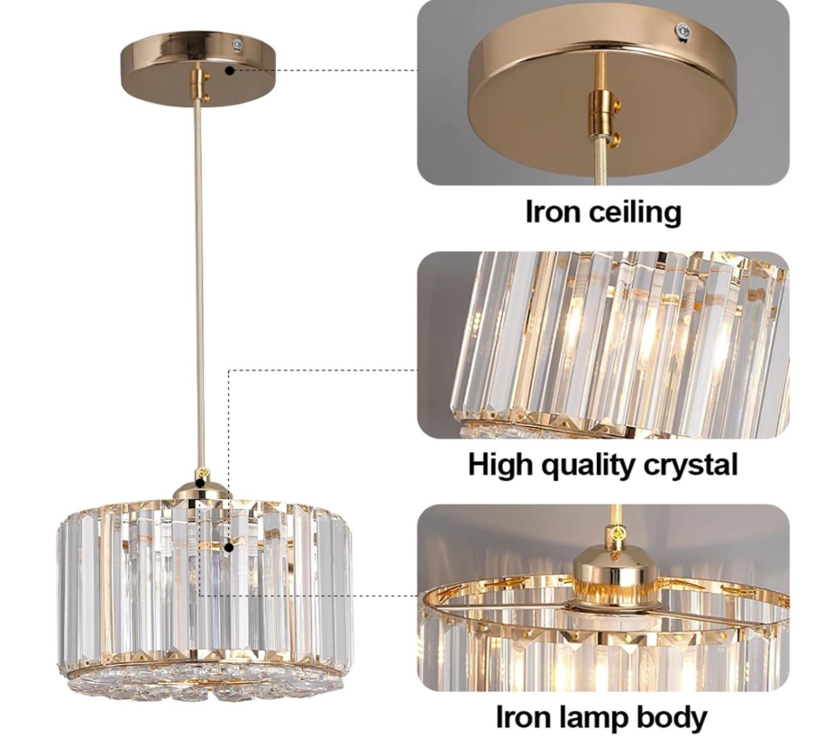 Modern LED crystal pendant light illuminating a kitchen with its elegant design.