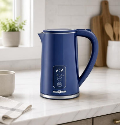 1.7L Temperature Control Electric Kettle with 6 Presets, LED Display & 4-Hour Keep Warm, blue temperature control electric kettle on a kitchen counter