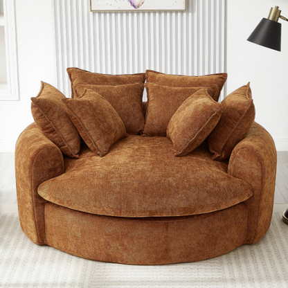 Inviting ambiance created by the Chenille Round Chaise Lounge Sofa – Oversized Circular Cuddle Chair surrounded by decor.