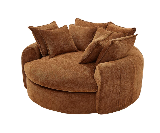 Chenille Round Chaise Lounge Sofa – Oversized Circular Cuddle Chair set up in a bedroom for a stylish relaxation area.