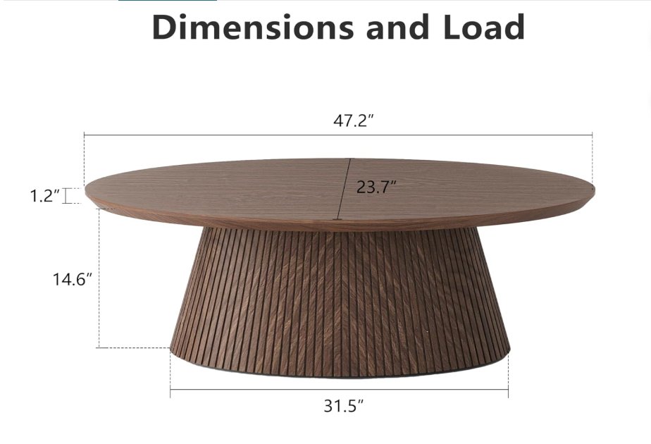 Side view of the sturdy pedestal base of the Mid Century Modern Coffee Table, emphasizing its stability.