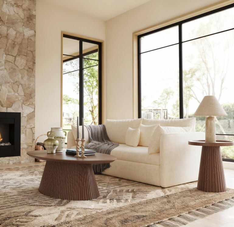 Mid Century Modern Oval Coffee Table elegantly styled in a living room setting, ideal for apartments.