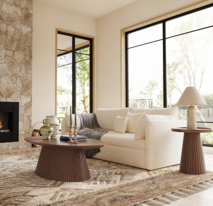 Mid Century Modern Oval Coffee Table elegantly styled in a living room setting, ideal for apartments.