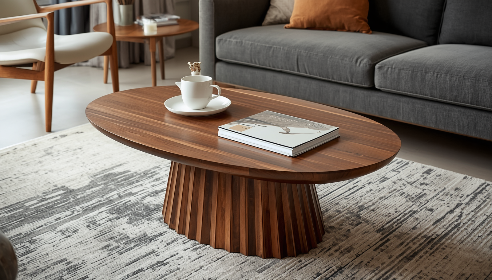 Mid Century Modern Coffee Table with a black top and fluted base, adding character to the space.