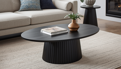 Close-up of the sleek black surface of the Mid Century Modern Coffee Table, perfect for any room.