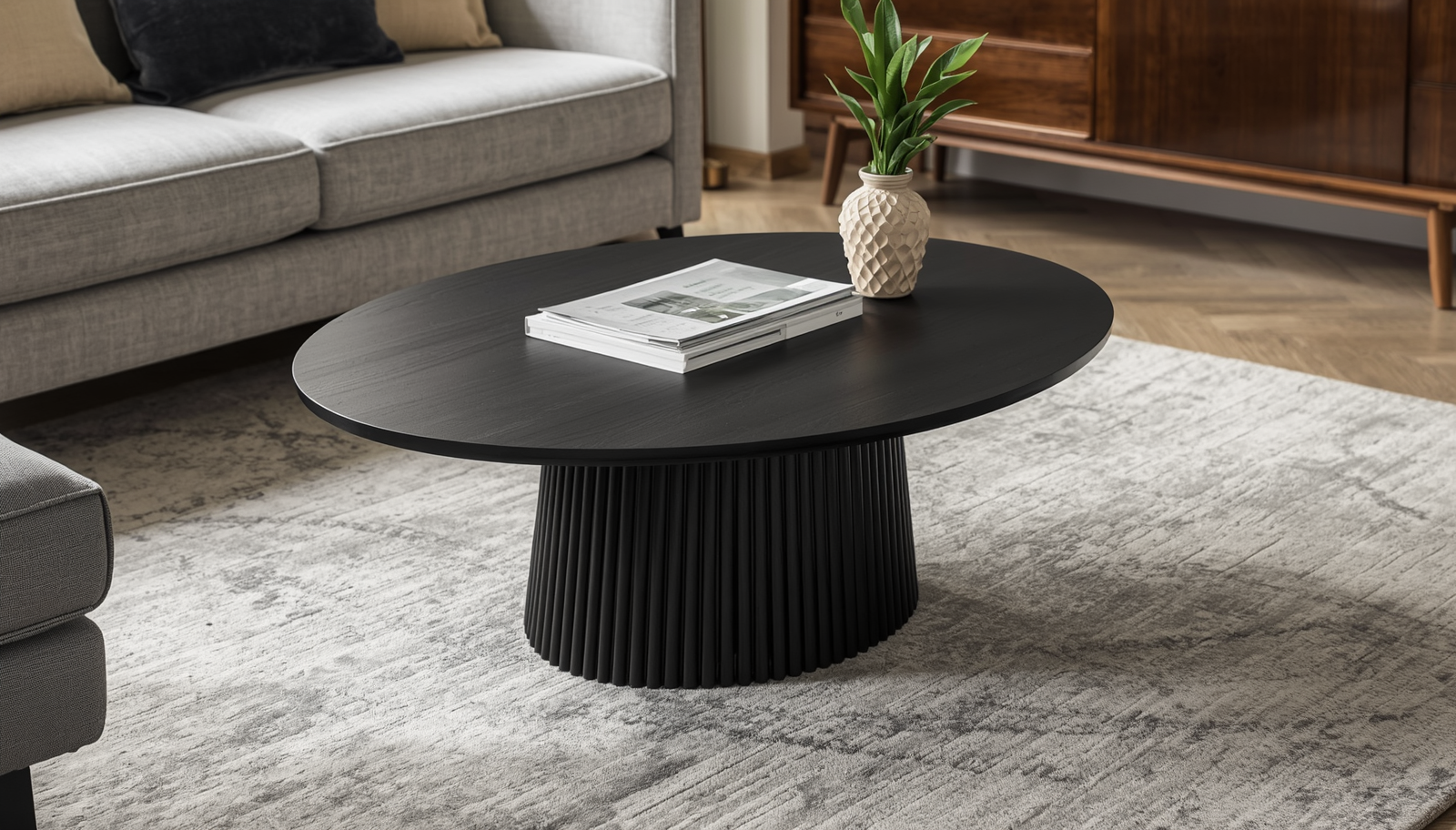 The charming design of the Mid Century Modern Oval Coffee Table enhancing a stylish seating area.