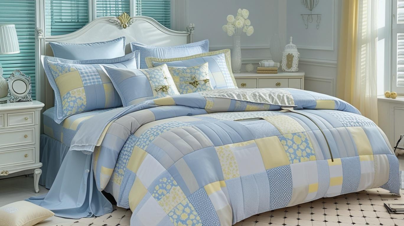 Blue Floral Patchwork Cotton Gauze Duvet Cover Set draped over a bed, emphasizing its airy texture and floral patterns.