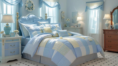 Cozy bedroom setting featuring Blue Floral Patchwork Cotton Gauze Duvet Cover Set, enhancing the room's vintage-inspired aesthetic.