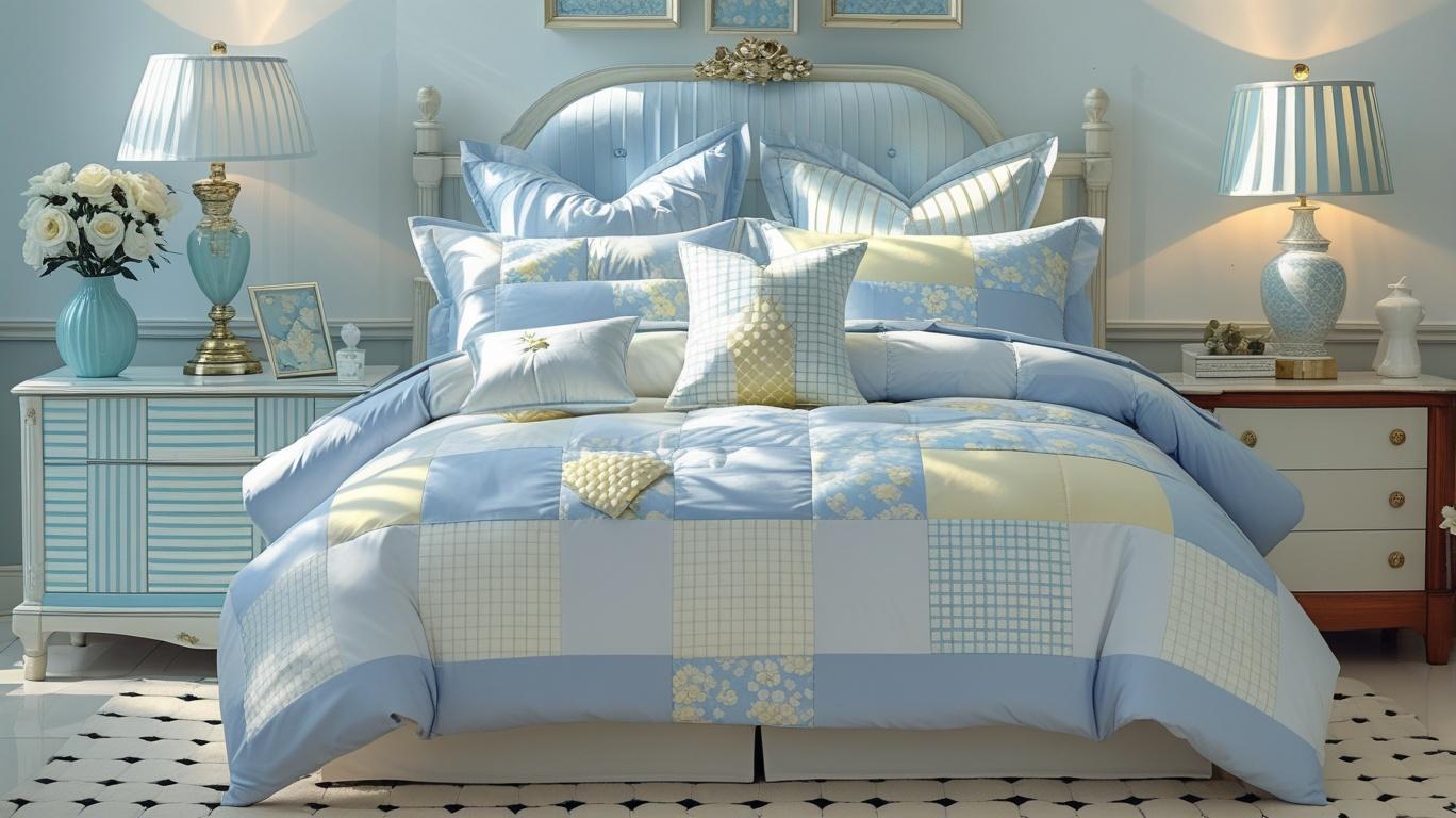 Detail of hidden zipper on Blue Floral Patchwork Cotton Gauze Duvet Cover Set, highlighting secure no-slip design.