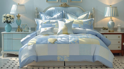 Detail of hidden zipper on Blue Floral Patchwork Cotton Gauze Duvet Cover Set, highlighting secure no-slip design.