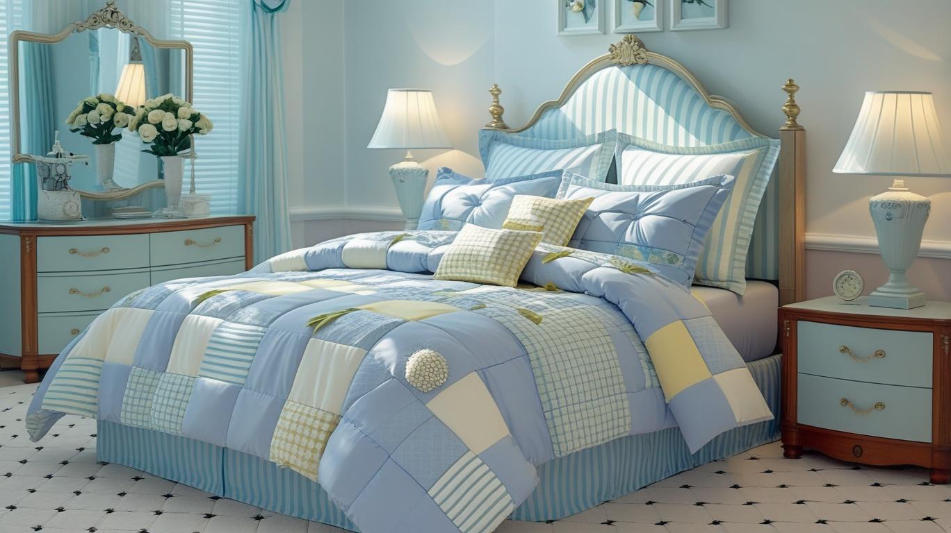 Complete view of Blue Floral Patchwork Cotton Gauze Duvet Cover Set styled on a bed, illustrating its designer look for elegant home decor.
