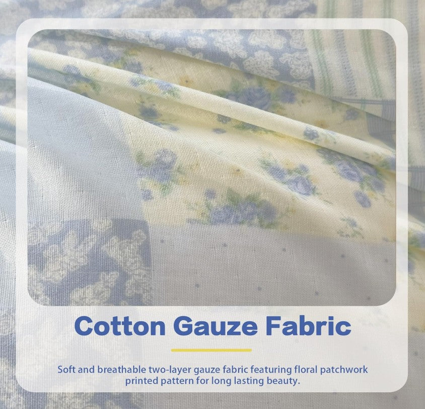 Bedroom makeover with Blue Floral Patchwork Cotton Gauze Duvet Cover Set, transforming space into a serene retreat.