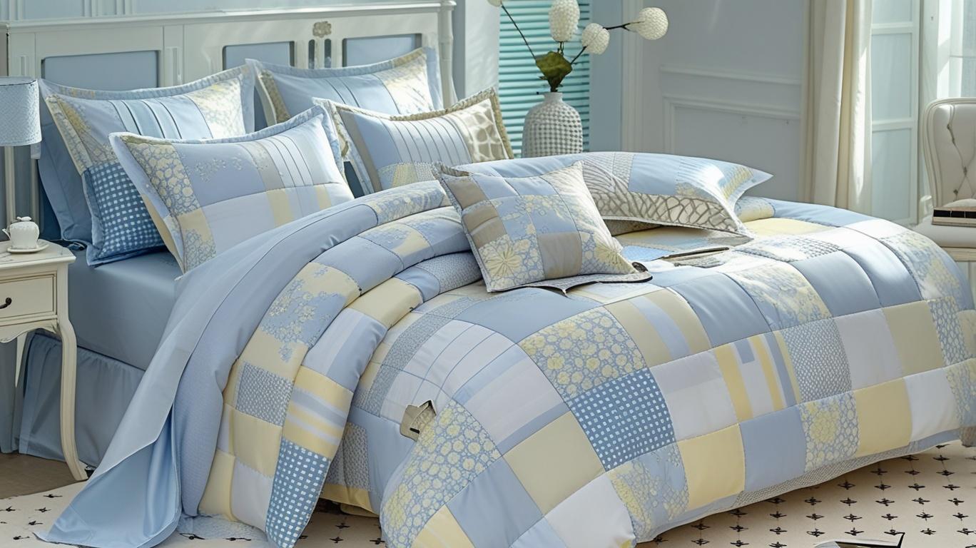 Stylish arrangement of the Blue Floral Patchwork Cotton Gauze Duvet Cover Set, showcasing its versatility in various bedroom styles.