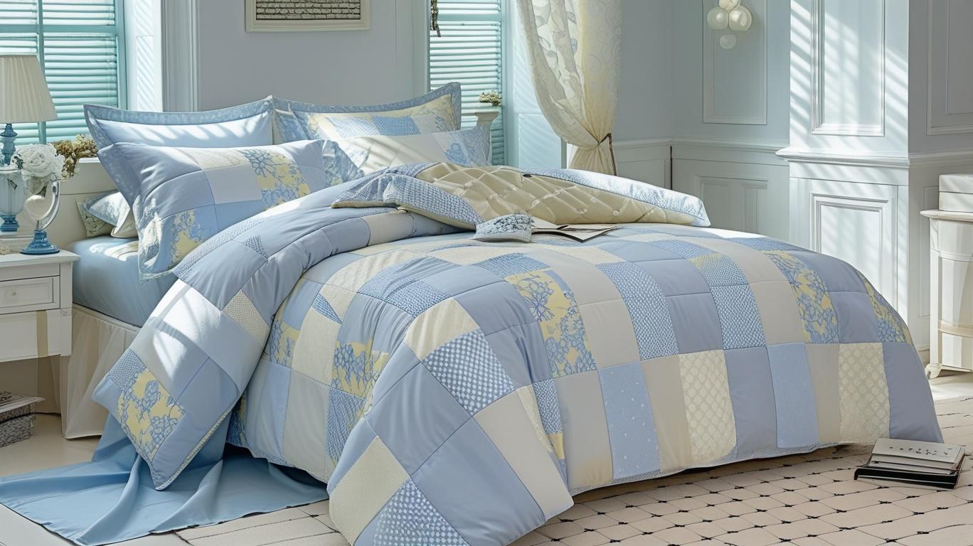 Close-up of Blue Floral Patchwork Cotton Gauze Duvet Cover Set showcasing soft breathable fabric for luxury bedding.