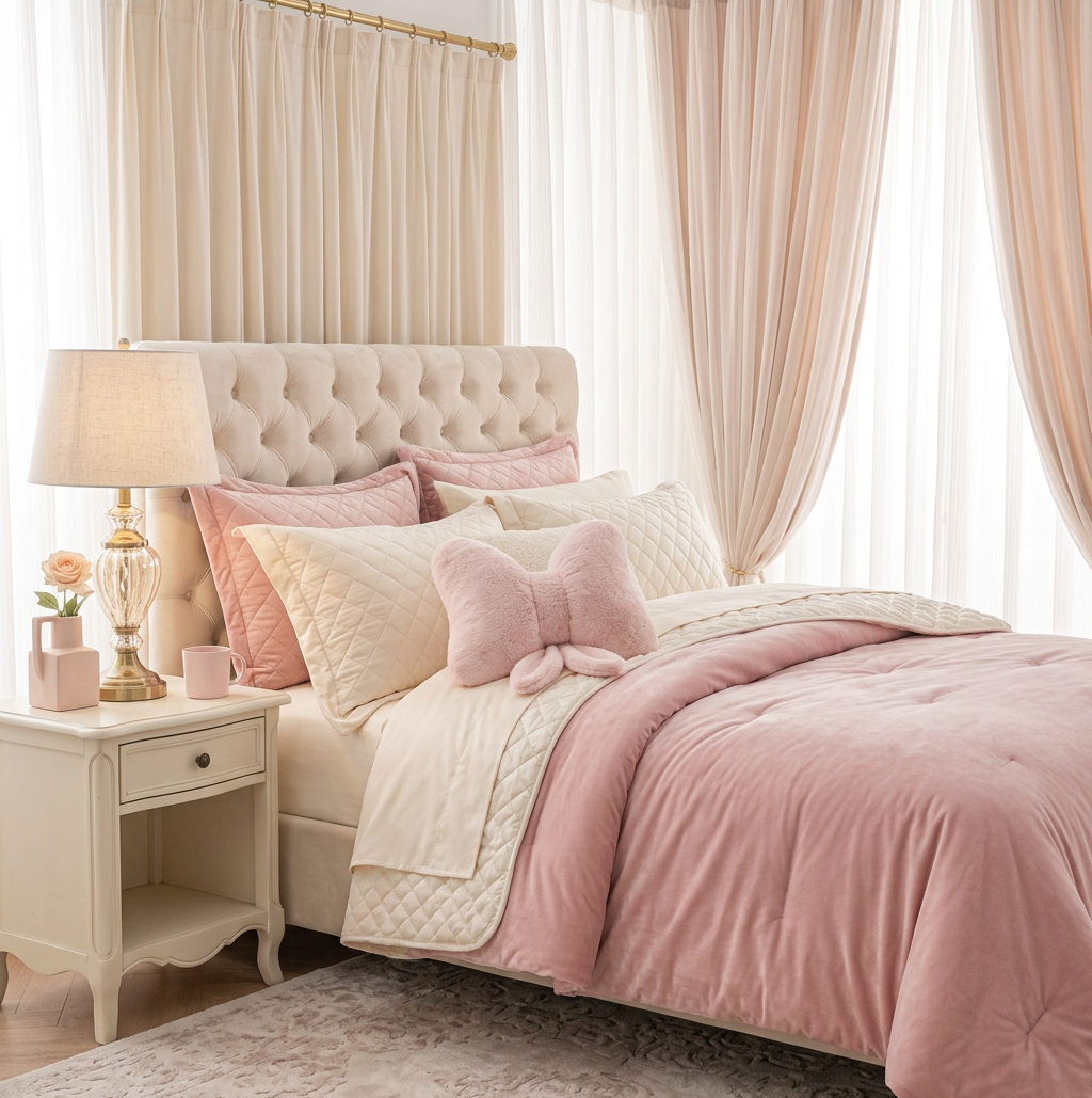 Pink Bow Throw Pillow highlighted among other decorative cushions, enhancing the room's aesthetic appeal.