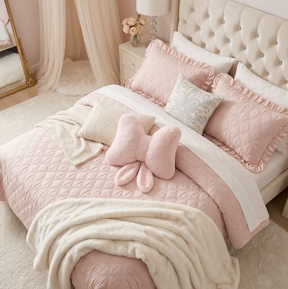 Visually appealing Pink Bow Throw Pillow in a cozy corner, perfect for coquette aesthetic decor inspiration.