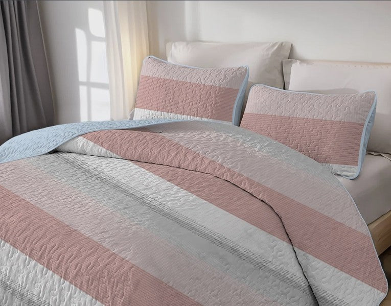 Pink and White Striped Quilt Set, Lightweight All-Season Bedspread with Pillow Shams for Queen & King Beds styled with matching pillow shams and a pink striped quilt