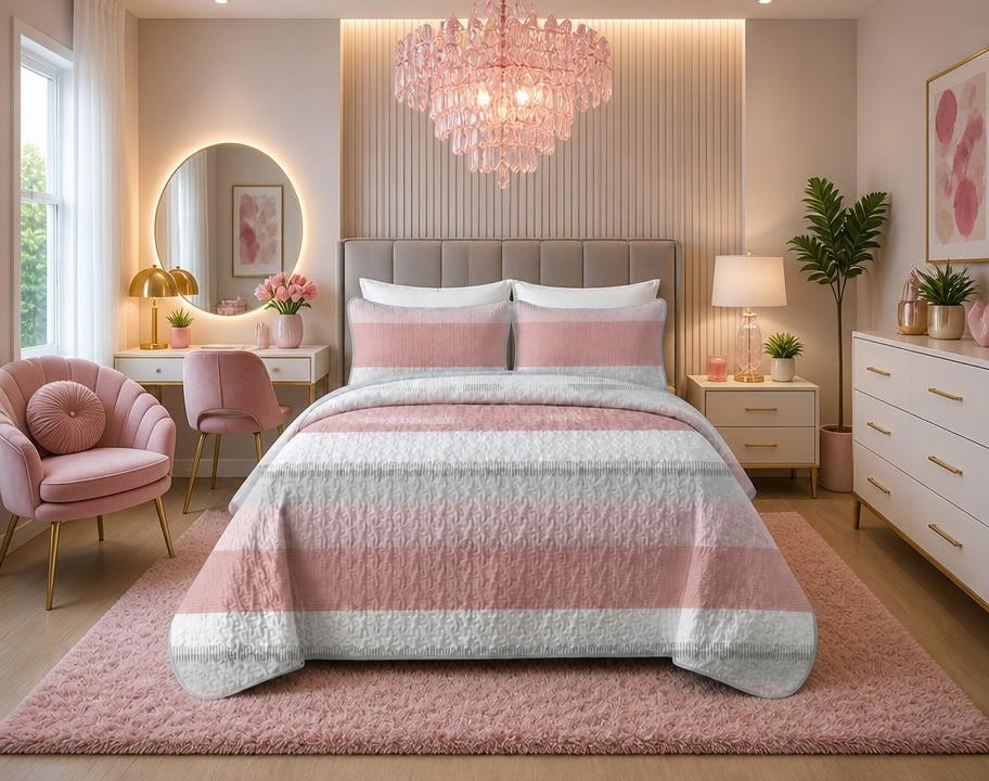 Pink and White Striped Quilt Set, Lightweight All-Season Bedspread with Pillow Shams for Queen & King Beds featuring a pink striped quilt design