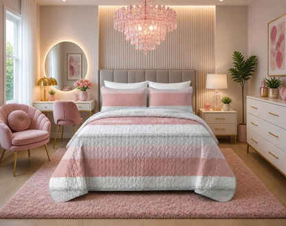 Pink and White Striped Quilt Set, Lightweight All-Season Bedspread with Pillow Shams for Queen & King Beds featuring a pink striped quilt design