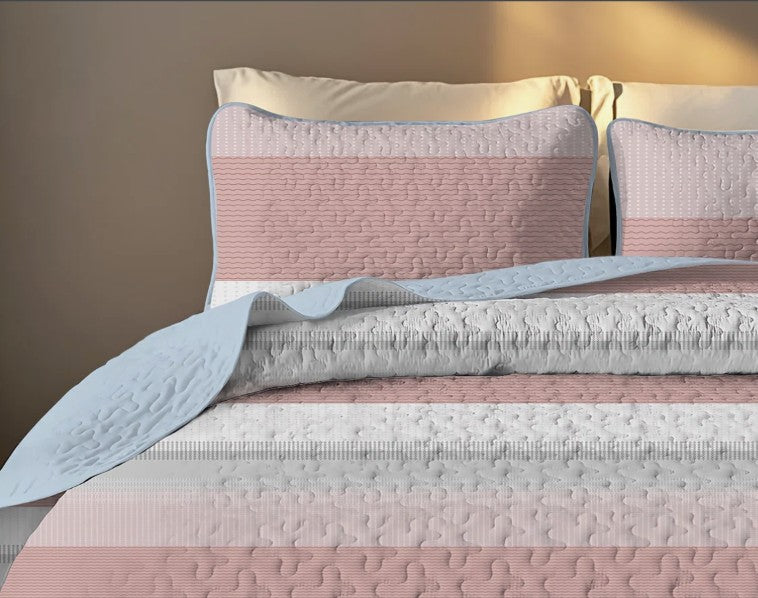 Pink and White Striped Quilt Set, Lightweight All-Season Bedspread with Pillow Shams for Queen & King Beds featuring a lightweight pink striped quilt for layering