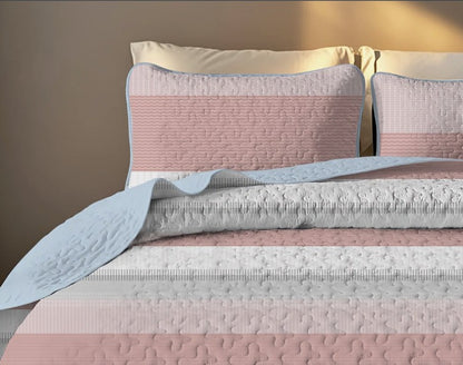 Pink and White Striped Quilt Set, Lightweight All-Season Bedspread with Pillow Shams for Queen & King Beds featuring a lightweight pink striped quilt for layering