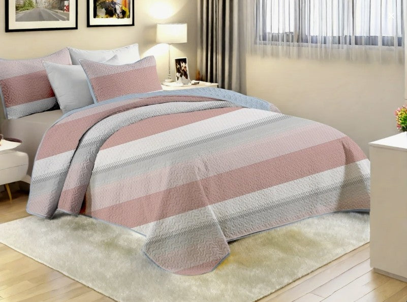 Pink and White Striped Quilt Set, Lightweight All-Season Bedspread with Pillow Shams for Queen & King Beds with matching pillow shams and pink striped quilt texture