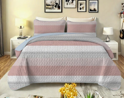 Pink and White Striped Quilt Set, Lightweight All-Season Bedspread with Pillow Shams for Queen & King Beds showing geometric quilting on a pink striped quilt