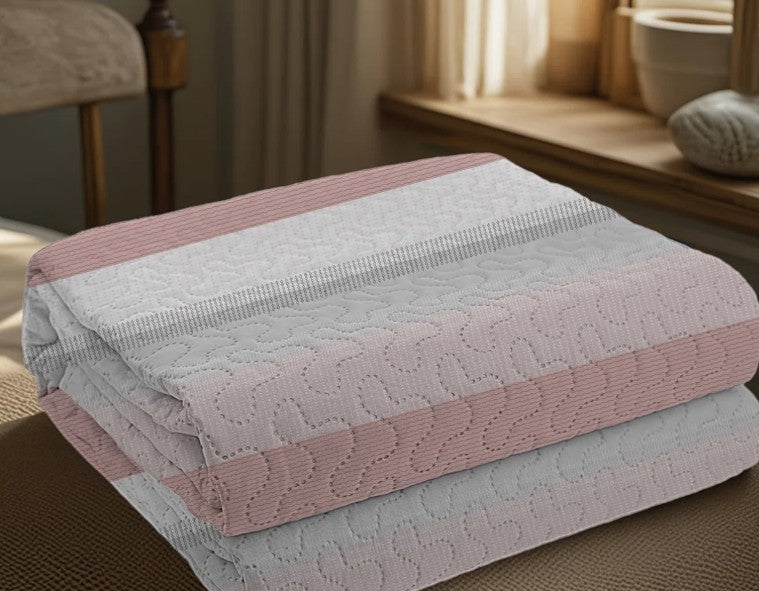 Pink and White Striped Quilt Set, Lightweight All-Season Bedspread with Pillow Shams for Queen & King Beds designed for cottage, coastal, or modern rooms with a pink striped quilt