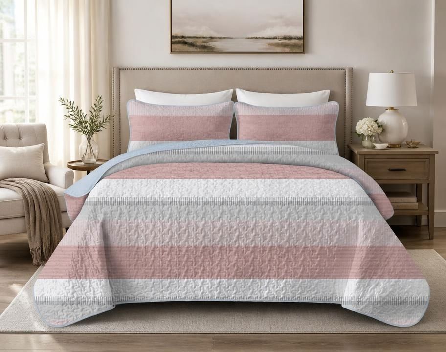 Pink and White Striped Quilt Set, Lightweight All-Season Bedspread with Pillow Shams for Queen & King Beds shown as a decorative pink striped quilt bedspread