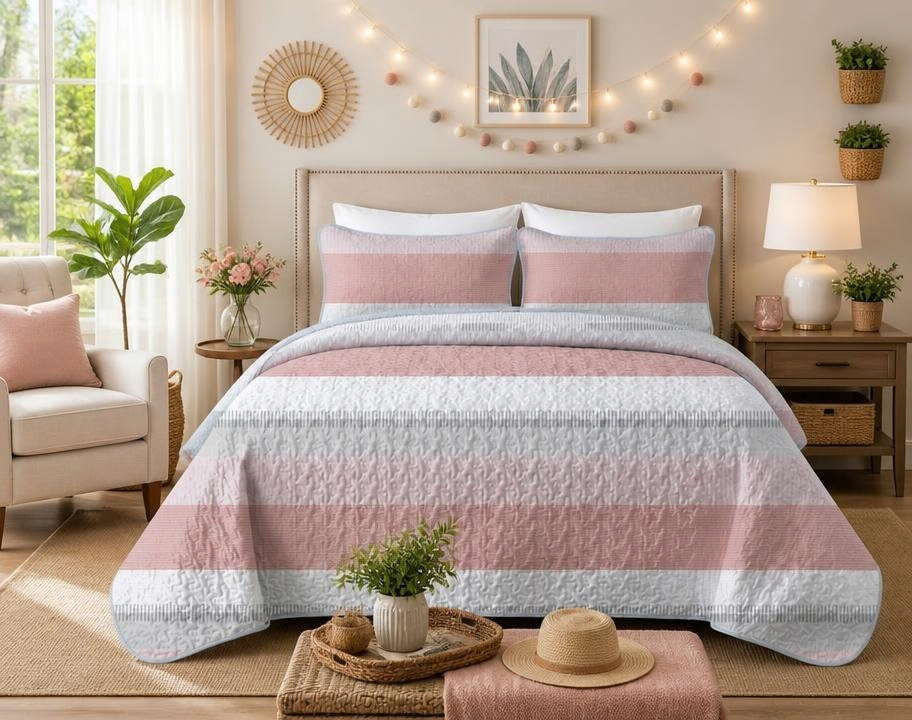 Pink and White Striped Quilt Set, Lightweight All-Season Bedspread with Pillow Shams for Queen & King Beds with durable stitched construction on the pink striped quilt