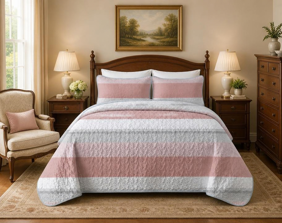 Pink and White Striped Quilt Set, Lightweight All-Season Bedspread with Pillow Shams for Queen & King Beds offering a soft, airy pink striped quilt style