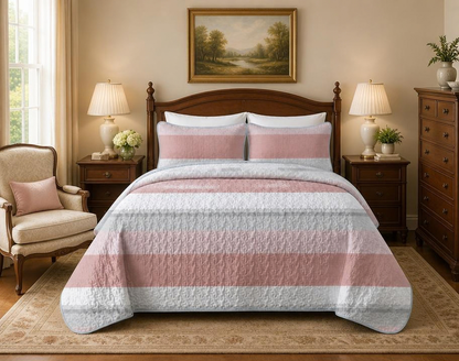 Pink and White Striped Quilt Set, Lightweight All-Season Bedspread with Pillow Shams for Queen & King Beds offering a soft, airy pink striped quilt style